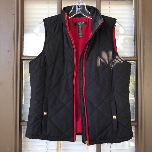 Lauren Ralph Lauren Black and Red Puffer Vest Gold Metal Accents Petite Medium - Picture 2 of 5